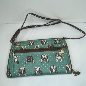 Uma Hana Teal Dog Print Crossbody Bag. French Bulldogs. Pre-owned. Waterproof.